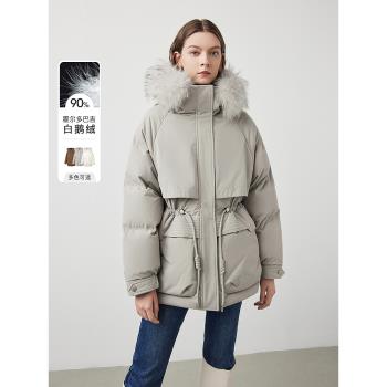 (免運)朗姿霍爾多巴吉白鵝絨復古高級派克服外套毛領收腰保暖羽絨服冬季