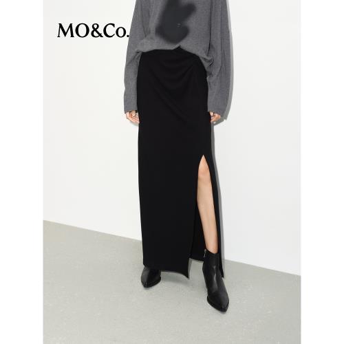 (免運)MOCO半身裙【保暖德絨】捏褶側開叉垂順黑色