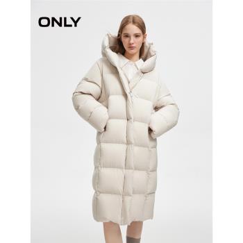 (免運)ONLY冬季90白鴨絨保暖純色連帽長款羽絨服女|124412001