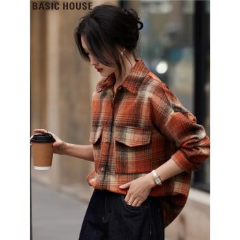 (免運)Basic House/百家好中長款疊穿外搭加厚磨毛格子襯衫外套女款春季