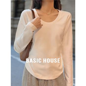 (免運)Basic House/百家好收腰短款打底衫女夏季洋氣U領長袖T恤內搭上衣