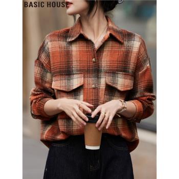 (免運)Basic House/百家好橘色磨毛格子襯衫外套外搭加厚女2025春季新款