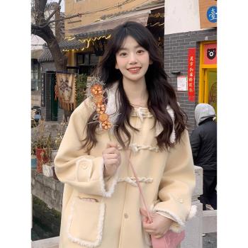 (免運)韓系牛角扣呢子大衣女春秋季2025新款高階感仿羊羔毛呢外套中長款