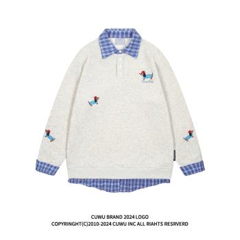 (免運)cuwu美式復古小狗刺繡POLO領衛衣女春秋季假兩件寬松情侶套頭上衣