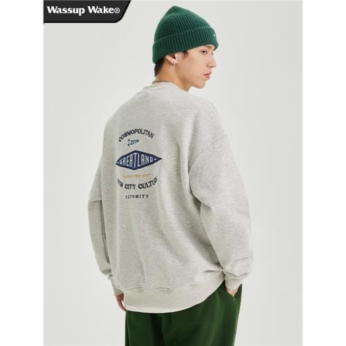 (免運)wassupwake男士圓領衛衣春秋季2025新款美式休閑情侶上衣打底衫