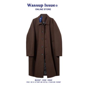 (免運)WASSUP ISSUE德系風衣外套男秋冬英倫黑色呢子中長款毛呢大衣男款
