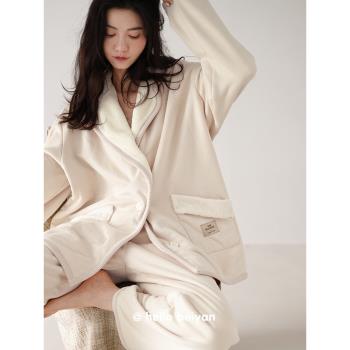 (免運)貝妍睡衣冬季女款加厚雙層復合珊瑚絨時尚開衫純色保暖家居服套裝