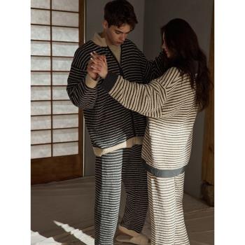 (免運)同語24年新款情侶睡衣秋冬季半邊絨加厚男女士長袖套裝條紋家居服