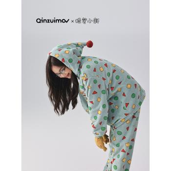 (免運)親嘴貓【蠟筆小新聯名】連帽法蘭絨睡衣女士秋冬季卡通套裝家居服