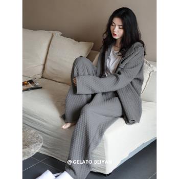 (免運)貝妍睡衣女秋冬季加厚純棉夾層家居服女薄款夾棉保暖開衫女士套裝