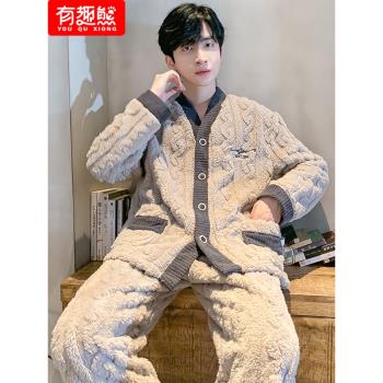 (免運)珊瑚絨睡衣男款冬季2024新款加絨加厚法蘭絨保暖青少年家居服套裝