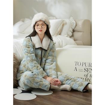 (免運)馬克公主睡衣女冬季格子珊瑚絨加厚加絨三層夾棉襖套裝外穿家居服