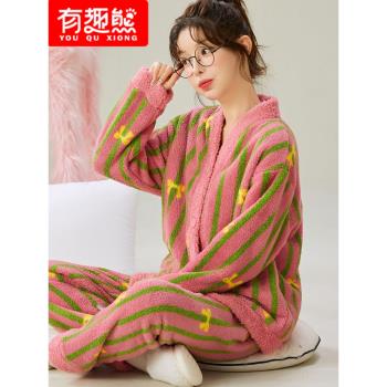 (免運)珊瑚絨睡衣女秋冬季2024新款加絨加厚保暖法蘭絨可外穿家居服套裝