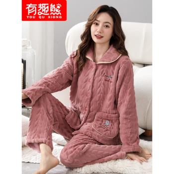 (免運)南極人珊瑚絨睡衣女秋冬季加絨加厚2024新款法蘭絨保暖家居服套裝