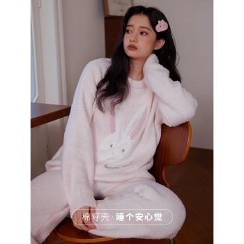 (免運)可愛小兔子秋冬新款加厚加絨保暖半邊絨睡衣女粉色圓領家居服套裝
