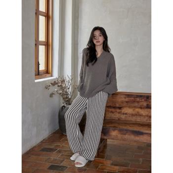 (免運)高階感半邊絨睡衣女款秋冬季條紋可外穿珊瑚絨家居服春秋情侶套裝