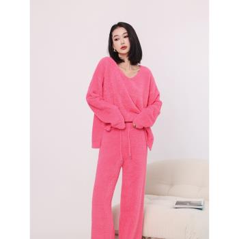 (免運)碧絨輕奢大牌風睡衣女秋冬季貂絨加絨加厚保暖高階網紅家居服套裝