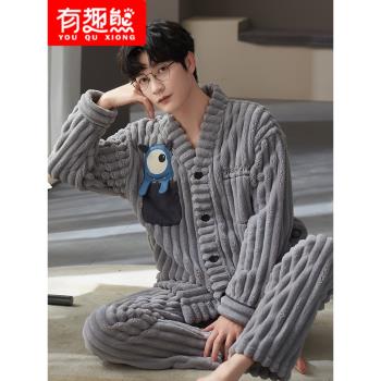 (免運)珊瑚絨睡衣男秋冬款加絨加厚2024新款法蘭絨保暖家居服休閑套裝