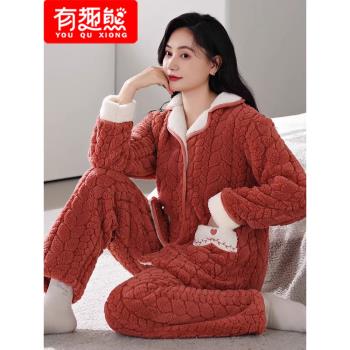 (免運)珊瑚絨睡衣女士秋冬季加絨加厚法蘭絨大碼家居服保暖套裝