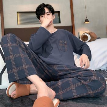 (免運)男士純棉格子秋天圓領大碼睡衣