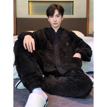 (免運)珊瑚絨睡衣男士秋冬季加絨加厚青少年可外穿法蘭絨家居服冬天套裝