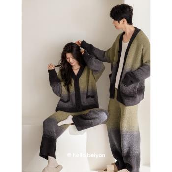 (免運)貝妍秋冬季珊瑚絨情侶睡衣女時尚開衫家居服保暖半邊絨男大碼套裝