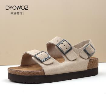 (免運)DYOWOZ/東園物作勃肯軟木涼鞋女厚底增高日系百搭真皮一字帶涼鞋