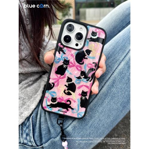【bluecorn】藍色苞米原創天然貝母蝴蝶結貓咪 少女心全包手機殼適用于iPhone 16 15 PRO MAX magsafe磁吸