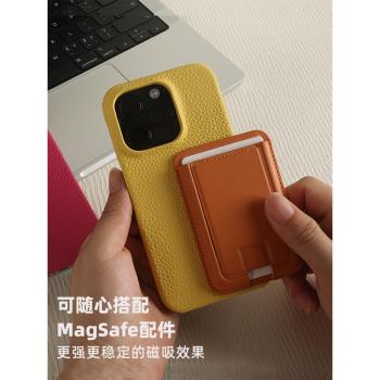BULGIN適用蘋果16promax15真皮手機殼高階感磁吸保護皮套iphone14/13新款皮質頭層牛皮荔枝紋手工殼商務簡約