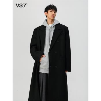 (免運)V37黑色高階感毛呢大衣男款2025春秋季長款韓版呢子加厚風衣外套