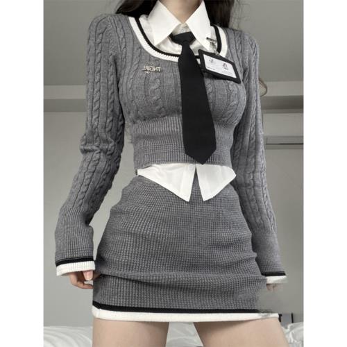 (免運)2025春季辣妹修身短款麻花毛衣針織衫高腰包臀短裙學院風時尚套裝