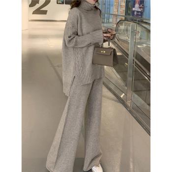 (免運)一線品牌剪標女裝外貿大牌折扣秋冬寬松高領毛衣闊腿褲兩件套裝女