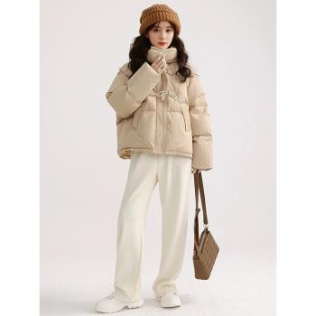 (免運)2024年新款華夫格羽絨棉服女短款冬季加厚牛角扣棉襖小個子外套