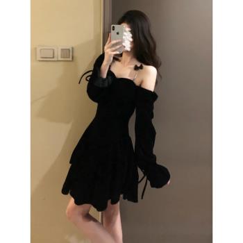 (免運)絲絨名媛生日party小禮服連衣裙