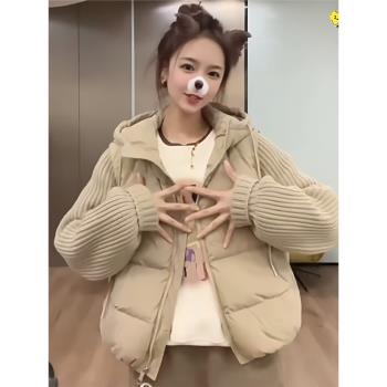 (免運)歐貨針織袖拼接假兩件羽絨服短外套女2024冬季新款輕薄白鴨絨上衣