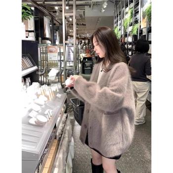 (免運)美拉德駝色水貂絨毛衣外套女2024秋冬韓系慵懶中長款針織開衫加厚