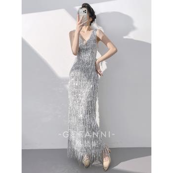 (免運)銀色晚禮服女2025新款高階感輕奢小眾主持人魚尾亮片裙肩流蘇高階