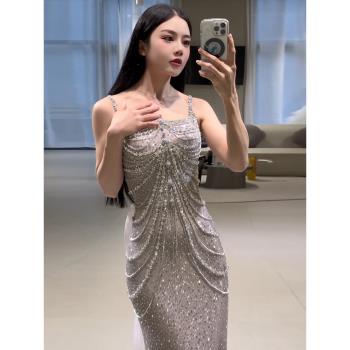 (免運)銀色魚尾高階感晚禮服裙輕奢小眾高階重工婚紗敬酒party訂婚成人