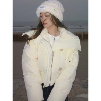 (免運)小個子短款羽絨棉服女2024秋冬季新品設計感羊羔毛翻領麵包服外套