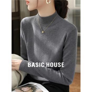 (免運)Basic House/百家好半高領針織打底衫女士春季格雷系內搭灰色毛衣