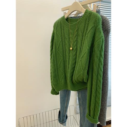 (免運)綠色復古粗針麻花圓領套頭毛衣秋冬女寬松慵懶風高級感上衣針織衫