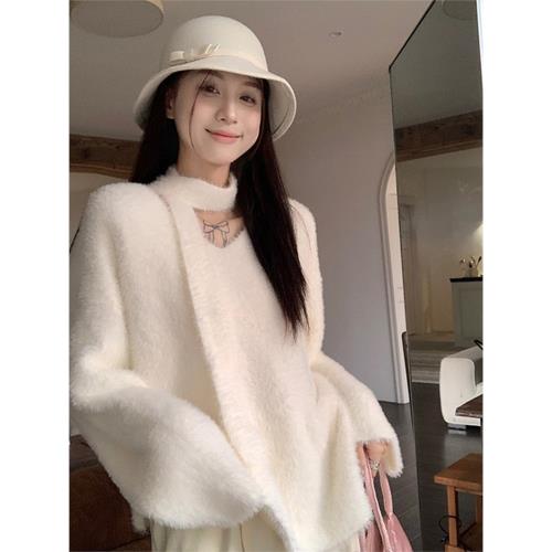 (免運)韓系溫柔白色水貂毛v領毛衣女秋冬軟糯慵懶風針織衫純欲上衣外穿