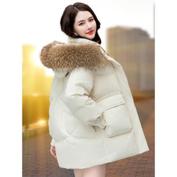 (免運)白鴨絨羽絨服女短款2025新款冬季爆款加厚小個子中長款大毛領外套