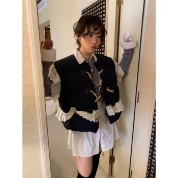 韓系蕾絲花邊拼接牛角單排扣羽絨馬甲女2024小眾百搭甜酷上衣chic