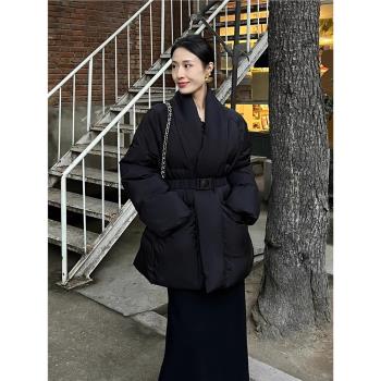 新中式黑色收腰羽絨服女2024年冬季新款休閑設計感中長款顯瘦外套