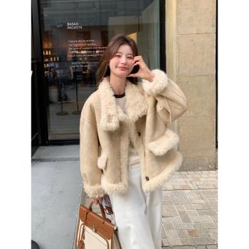 ins網紅爆款立領麂皮絨皮毛一體小個子加厚羊羔毛短外套女冬新款