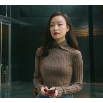 女式倪妮同款方領小高領坑條黑色灰色咖色羊毛彈力毛衣針織長袖衫