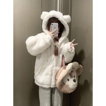 小香風白色羊羔毛外套女短款寬松慵懶風小熊連帽毛毛上衣加厚冬季