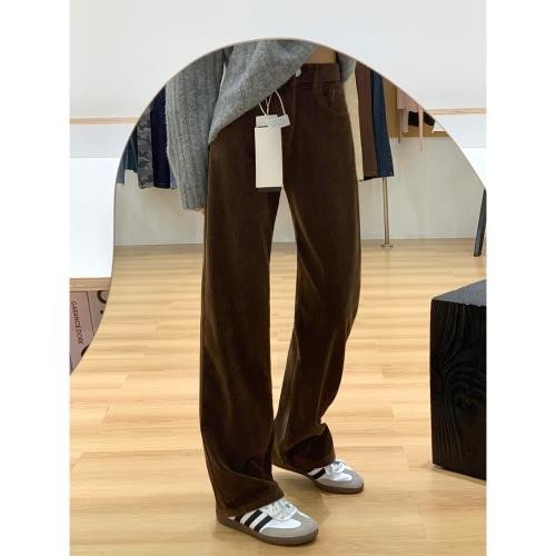 梨形身材美式咖色燈芯絨闊腿褲女冬季胖妹妹mm高腰顯瘦窄版直筒褲