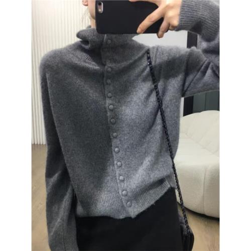 高級感超好看灰色高領羊絨毛衣外套女春秋韓系復古翻領針織衫上衣